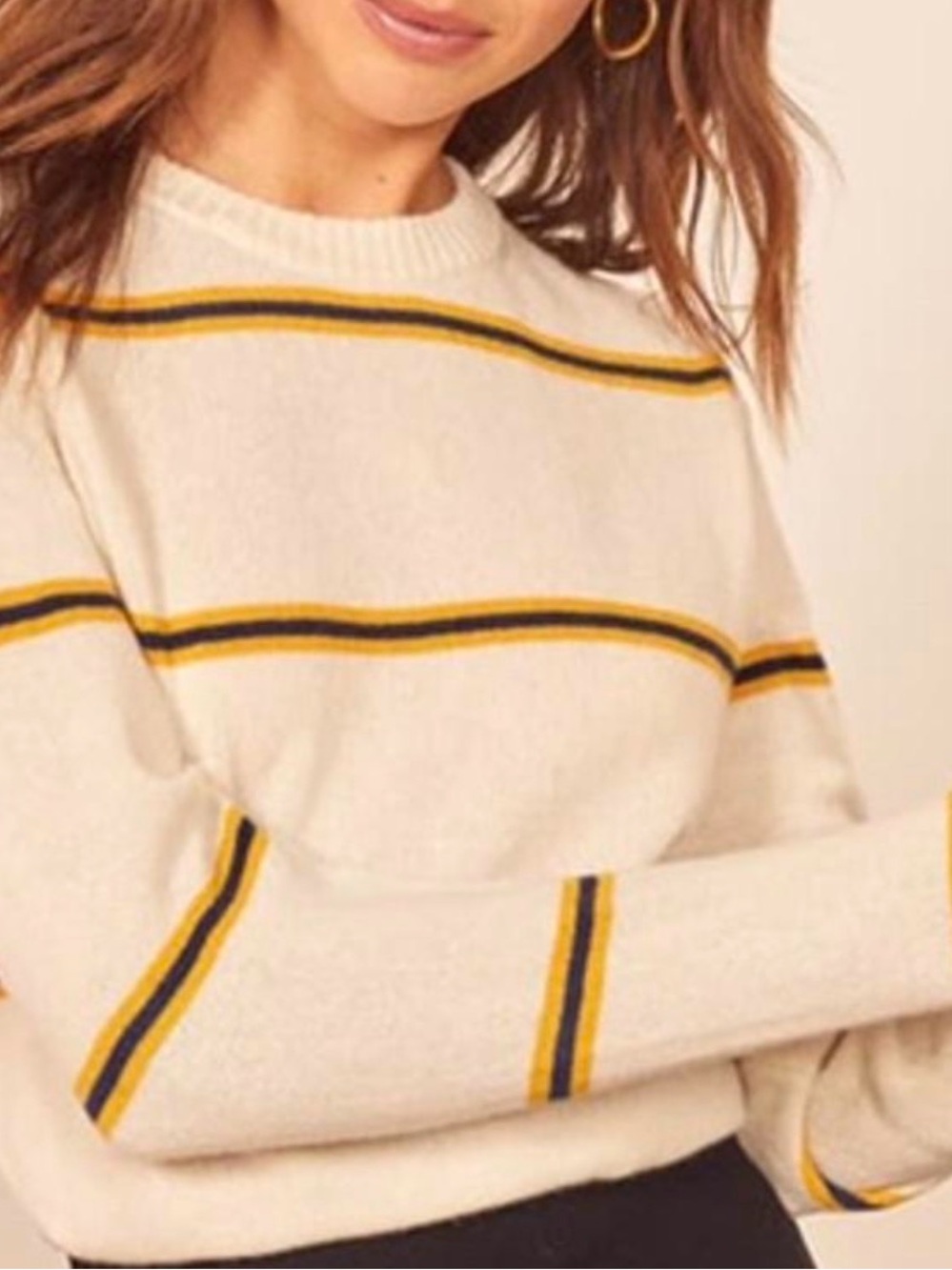 Reformation Cashmere Crewneck Sweater with Yellow and Navy Stripes